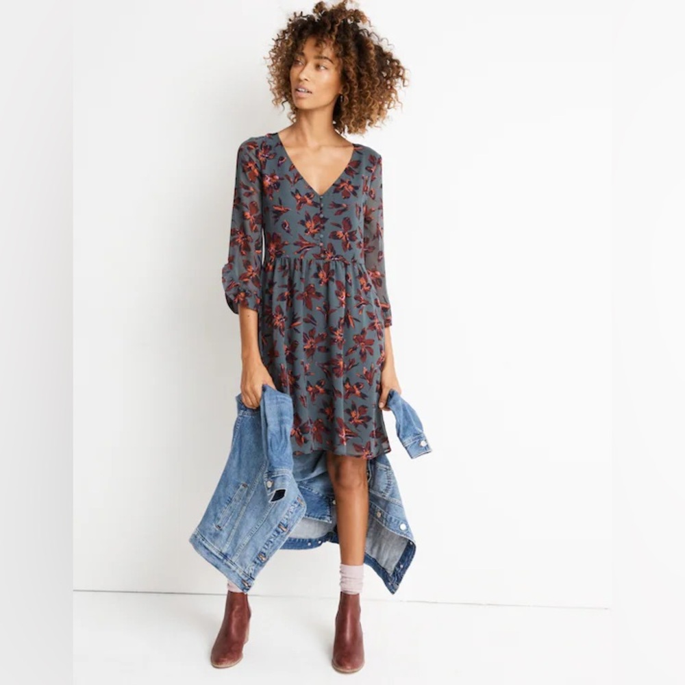 Madewell Moonblossom Ruffle-Sleeve Dress Gray Winter Orchid Womens Size 14 - Picture 8 of 8